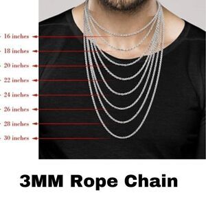 Mens Solid 925 Long Sterling Silver Rope Necklace